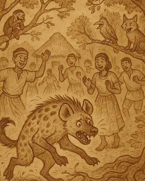 a hyena awkwardly attempting to dance among humans while forest animals watch and laugh, inspired by an Ewe folktale from southern Togo