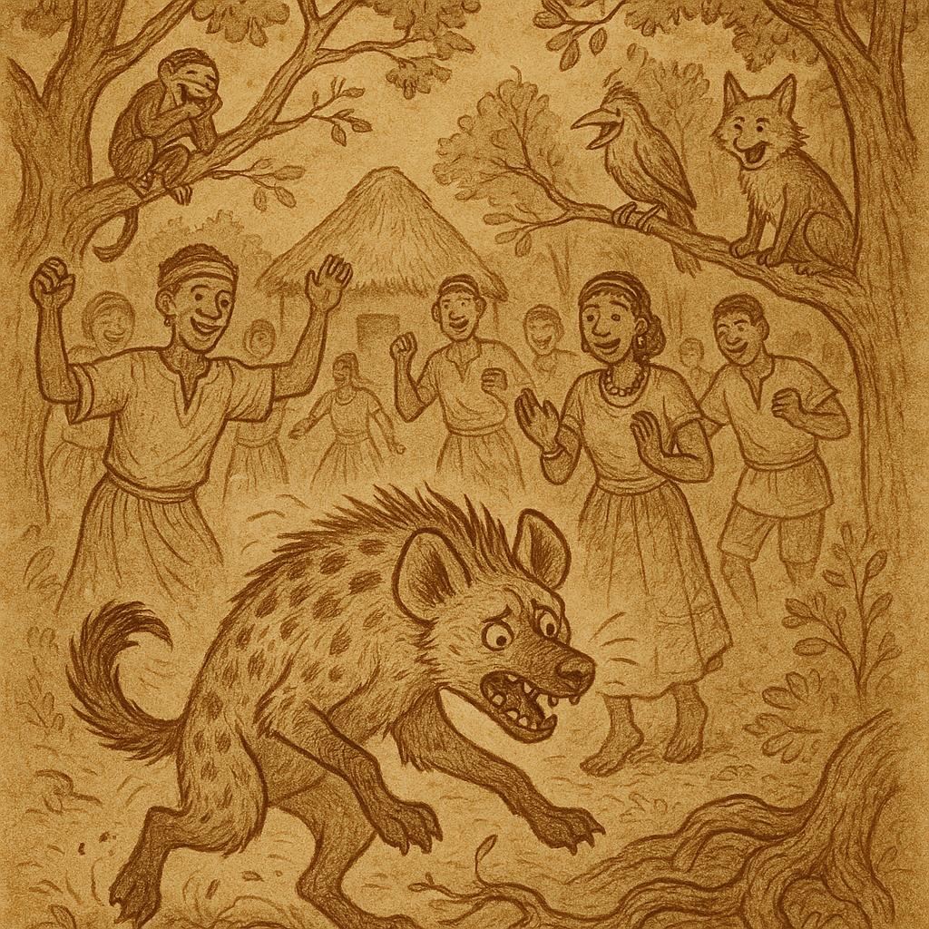 a hyena awkwardly attempting to dance among humans while forest animals watch and laugh, inspired by an Ewe folktale from southern Togo