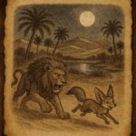 Clever desert fox outsmarting a large lion in a Libyan oasis at night