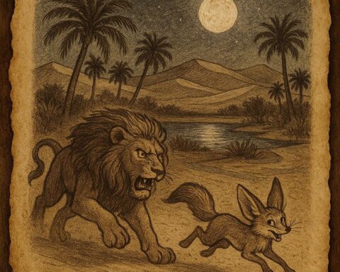Clever desert fox outsmarting a large lion in a Libyan oasis at night