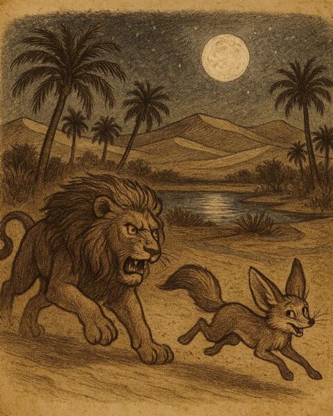 Clever desert fox outsmarting a large lion in a Libyan oasis at night