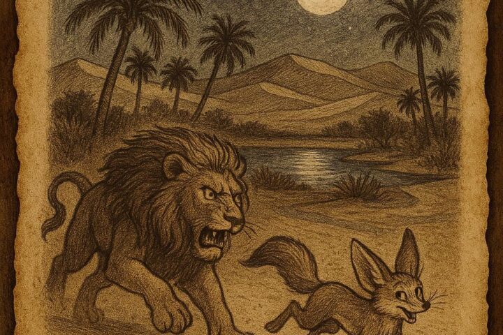 Clever desert fox outsmarting a large lion in a Libyan oasis at night