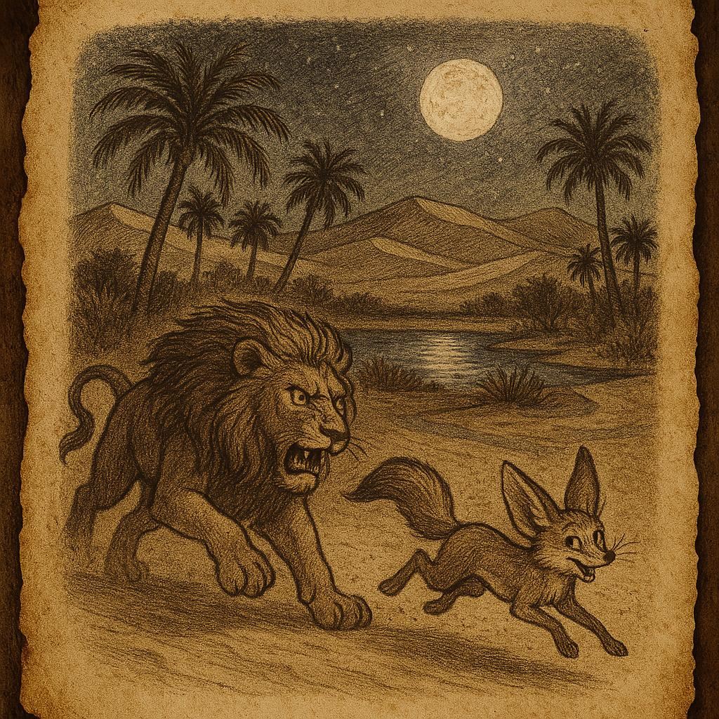 Clever desert fox outsmarting a large lion in a Libyan oasis at night
