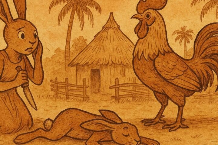 Parchment-style illustration of Shulo the Hare, his wife, and Jongwe the Rooster in a Gabonese village kraal.