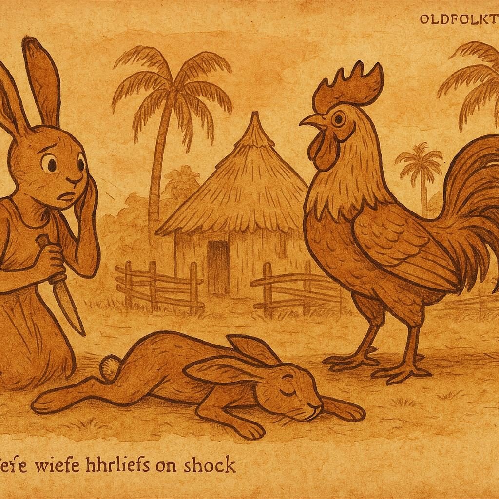 Parchment-style illustration of Shulo the Hare, his wife, and Jongwe the Rooster in a Gabonese village kraal.