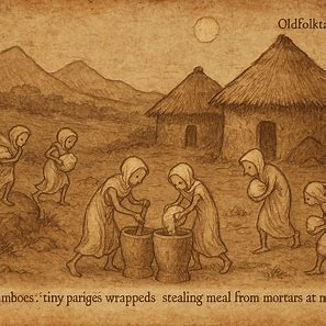 Yumboes stealing meal at night, pale spirits in pangs, Jaloff folklore, African folktale setting