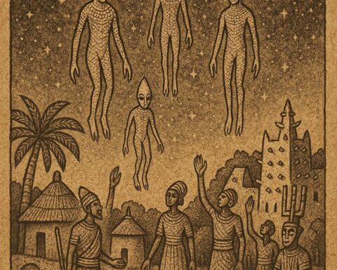 Dogon villagers under the starry sky with Nommo spirit beings descending, inspired by Mali folklore