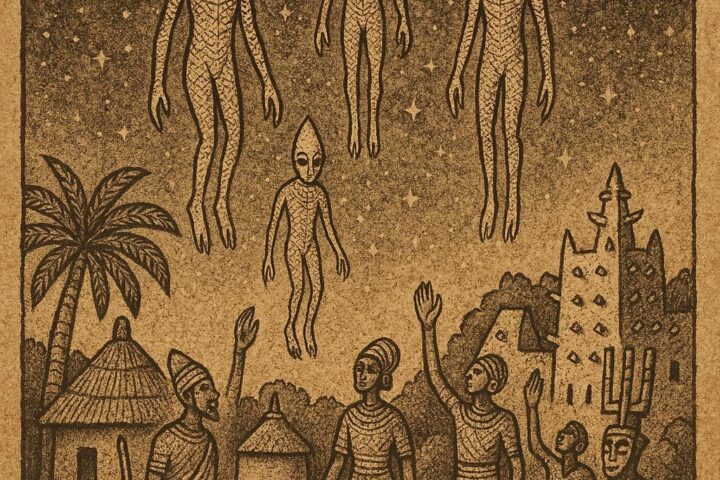 Dogon villagers under the starry sky with Nommo spirit beings descending, inspired by Mali folklore