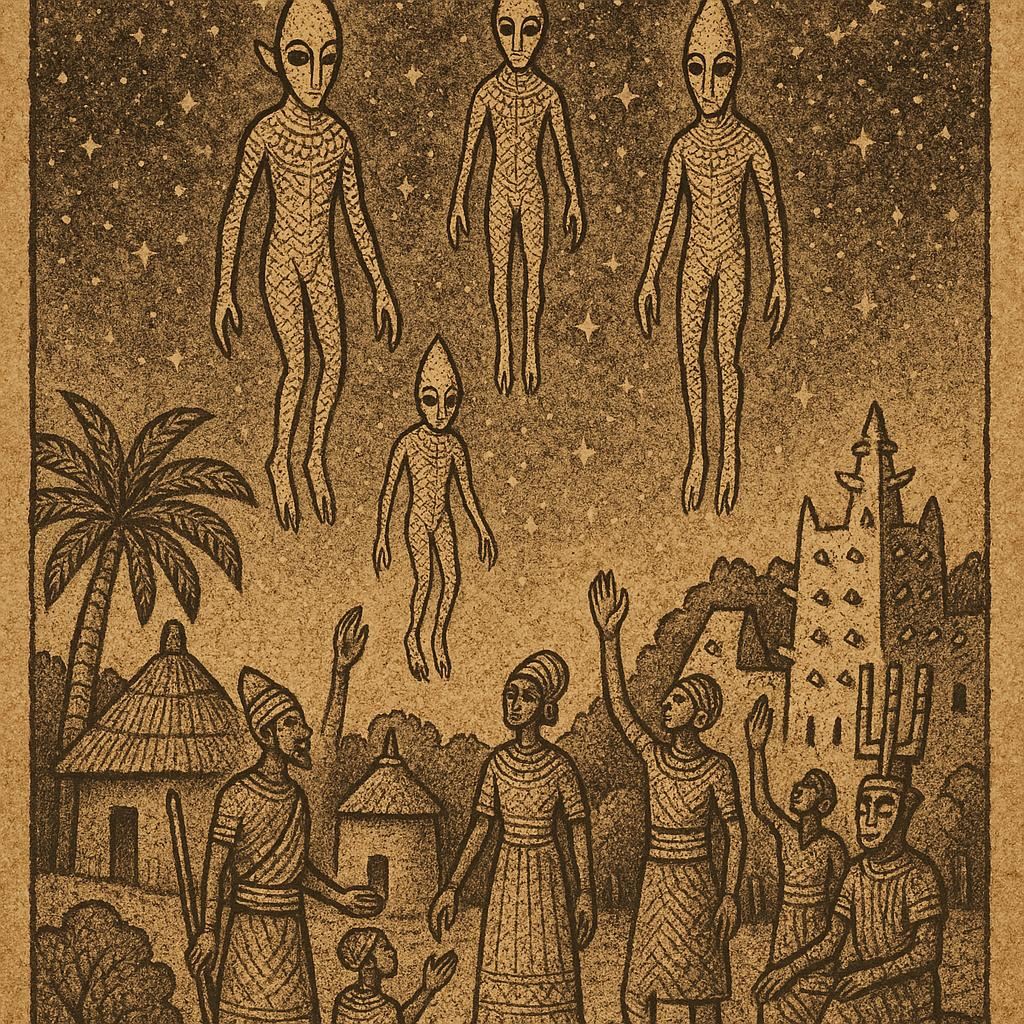 Dogon villagers under the starry sky with Nommo spirit beings descending, inspired by Mali folklore