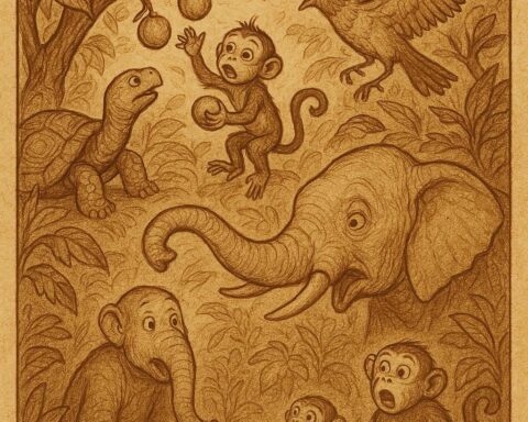 Forest animals reacting to a series of events caused by a young monkey moving fruits in a dense Fang forest – Cameroon folktale