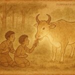 Parchment-style illustration of Ethiopian folktale showing two brothers fed by magical cow in Gambela forest.
