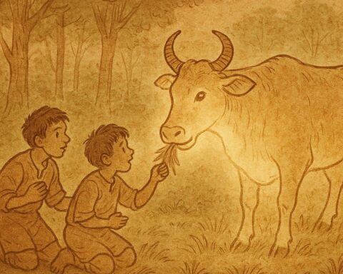 Parchment-style illustration of Ethiopian folktale showing two brothers fed by magical cow in Gambela forest.
