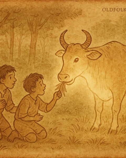 Parchment-style illustration of Ethiopian folktale showing two brothers fed by magical cow in Gambela forest.