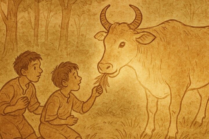 Parchment-style illustration of Ethiopian folktale showing two brothers fed by magical cow in Gambela forest.