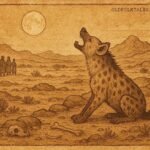 Hyaena howling on Eritrean plain with villagers watching, illustrating Tigre folktale wisdom and observation lessons.