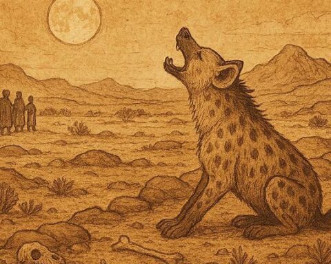 Hyaena howling on Eritrean plain with villagers watching, illustrating Tigre folktale wisdom and observation lessons.
