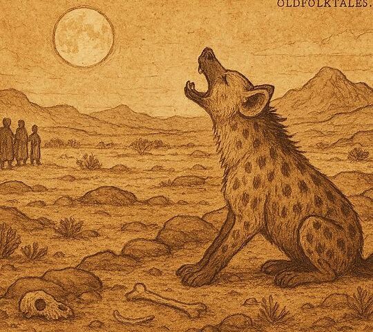 Hyaena howling on Eritrean plain with villagers watching, illustrating Tigre folktale wisdom and observation lessons.