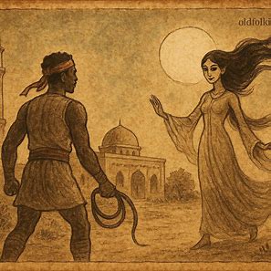 Mandoye N’Gom confronts a jinn woman under the moonlight in this traditional Gambian folktale illustration.