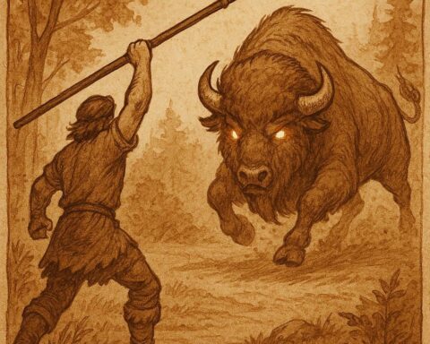 A Guinean hunter aiming his spear at a giant charging buffalo in the forest clearing – Guinean folktale