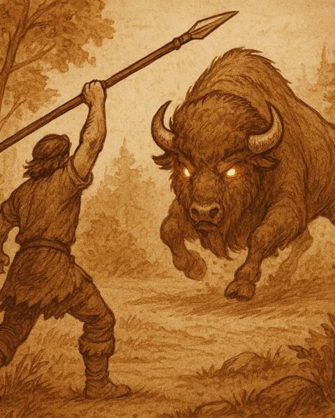 A Guinean hunter aiming his spear at a giant charging buffalo in the forest clearing – Guinean folktale