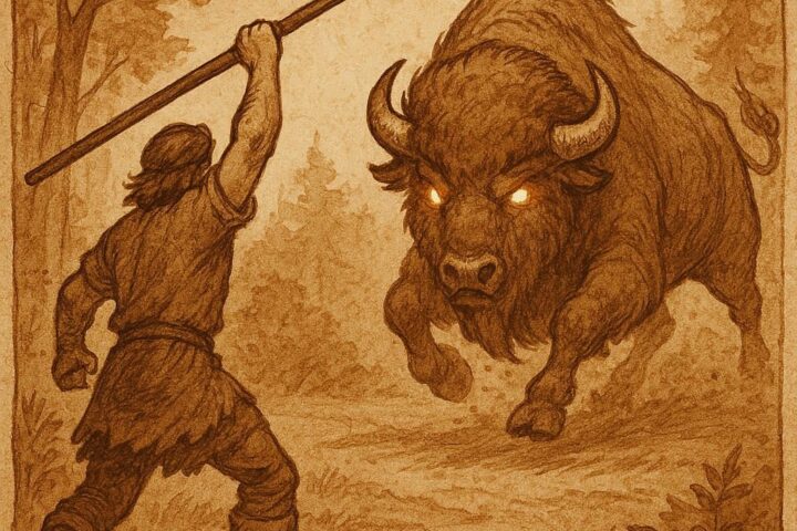 A Guinean hunter aiming his spear at a giant charging buffalo in the forest clearing – Guinean folktale