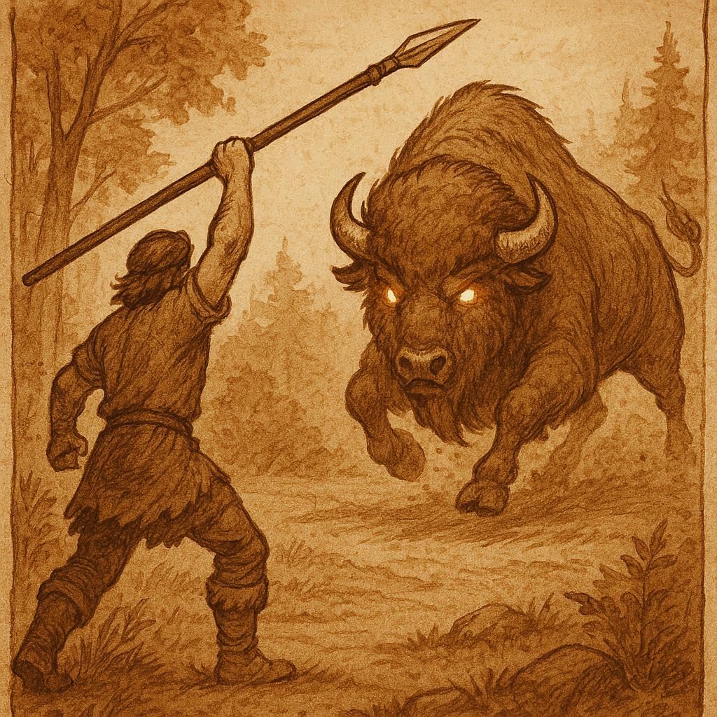 A Guinean hunter aiming his spear at a giant charging buffalo in the forest clearing – Guinean folktale
