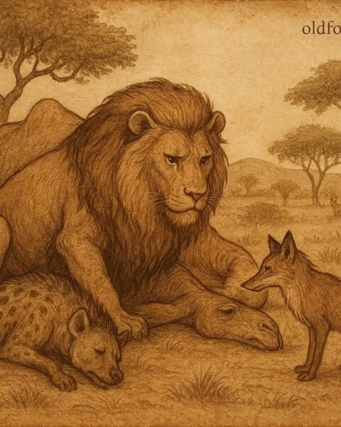 Parchment-style illustration of lion, dead camel, fallen hyena, and cautious fox in Somali folktale.