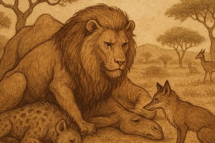 Parchment-style illustration of lion, dead camel, fallen hyena, and cautious fox in Somali folktale.