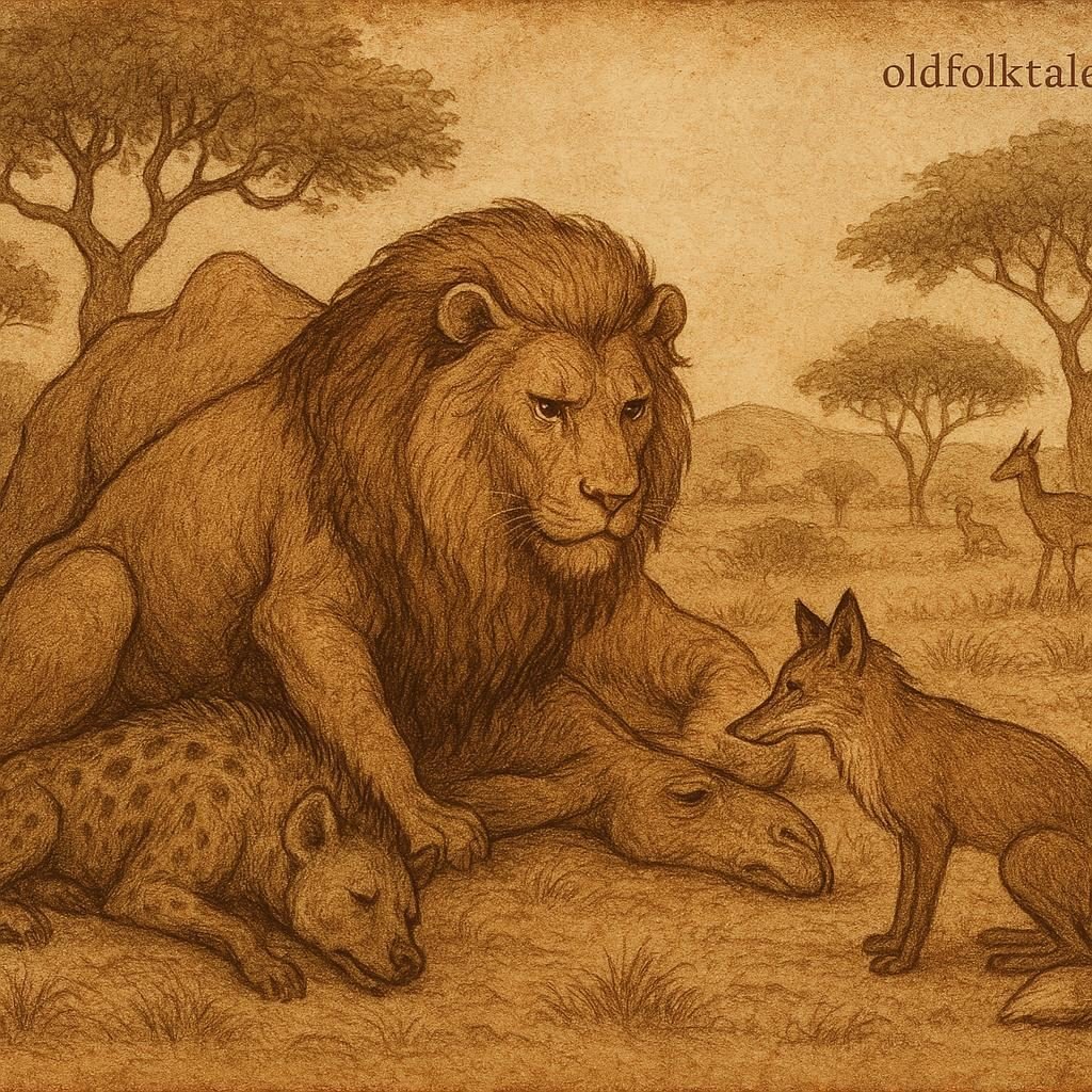 Parchment-style illustration of lion, dead camel, fallen hyena, and cautious fox in Somali folktale.