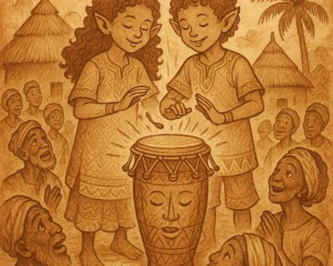 twins striking a magical talking drum as villagers listen in awe, inspired by an Ewe folktale from Seva in the Volta Region