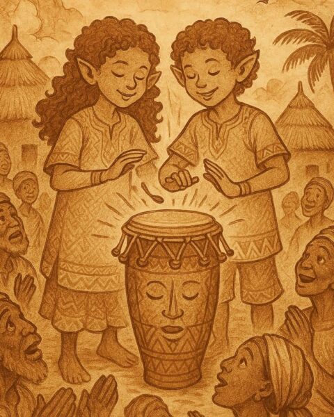twins striking a magical talking drum as villagers listen in awe, inspired by an Ewe folktale from Seva in the Volta Region