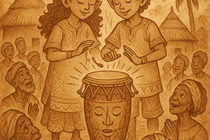 twins striking a magical talking drum as villagers listen in awe, inspired by an Ewe folktale from Seva in the Volta Region
