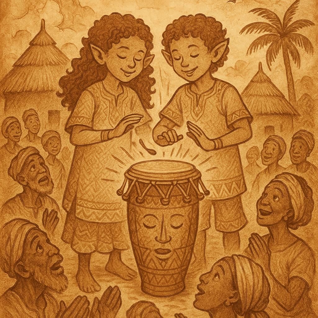 twins striking a magical talking drum as villagers listen in awe, inspired by an Ewe folktale from Seva in the Volta Region