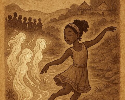 a Liberian folktale showing a young girl dancing by the river as glowing river spirits rise from the water while villagers sing in the distance.