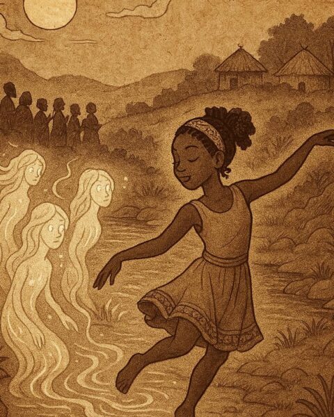 a Liberian folktale showing a young girl dancing by the river as glowing river spirits rise from the water while villagers sing in the distance.