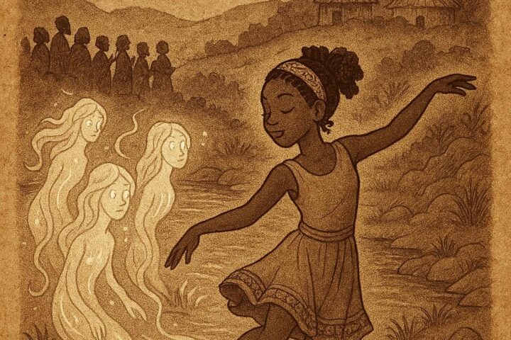 a Liberian folktale showing a young girl dancing by the river as glowing river spirits rise from the water while villagers sing in the distance.