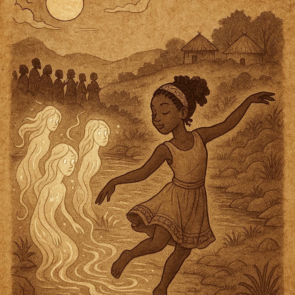 a Liberian folktale showing a young girl dancing by the river as glowing river spirits rise from the water while villagers sing in the distance.