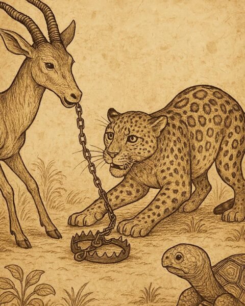 Antelope frees Leopard from a hunter’s trap as Tortoise watches nearby - Gabonese folktale