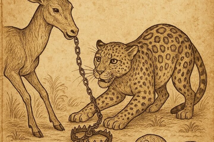 Antelope frees Leopard from a hunter’s trap as Tortoise watches nearby - Gabonese folktale