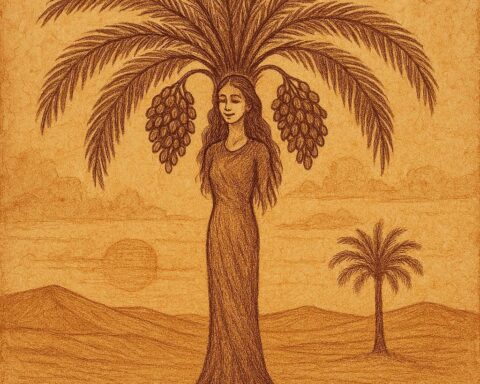 a young woman transforming into a tall palm tree in the Tunisian desert at sunset, with wide fronds providing shade and dates hanging from the branches
