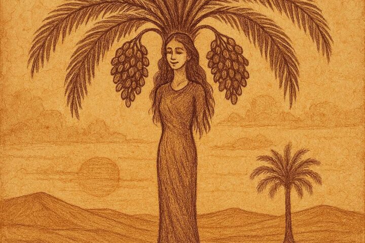 a young woman transforming into a tall palm tree in the Tunisian desert at sunset, with wide fronds providing shade and dates hanging from the branches