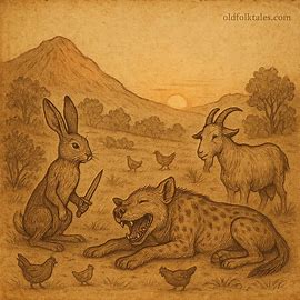 Hare tricks hyena during sacrifice at dawn, Mossi folktale scene with goat, chickens, and mountain backdrop.