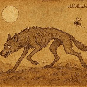 Illustration of a wolf chased by Abdou Dhiabare as a fly in a Gambian folktale.