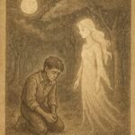 an orphan kneeling sadly as his glowing spirit wife fades into the Liberian forest under moonlight.