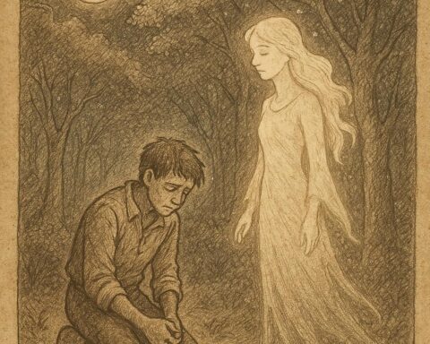 an orphan kneeling sadly as his glowing spirit wife fades into the Liberian forest under moonlight.