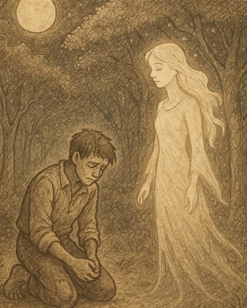 an orphan kneeling sadly as his glowing spirit wife fades into the Liberian forest under moonlight.