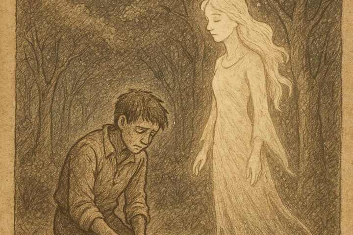 an orphan kneeling sadly as his glowing spirit wife fades into the Liberian forest under moonlight.