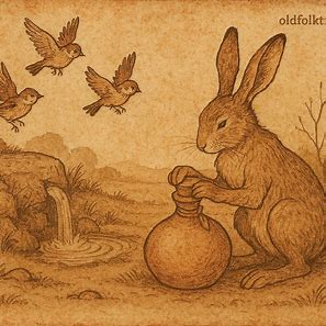 Illustration of Hare tricking sparrows into a gourd in a Gambian folktale of wit and restraint.