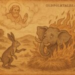 Illustration of the hare tricking an elephant with burning hay in a Gambian folktale.