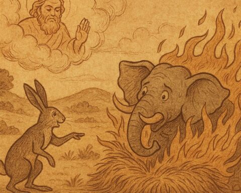Illustration of the hare tricking an elephant with burning hay in a Gambian folktale.